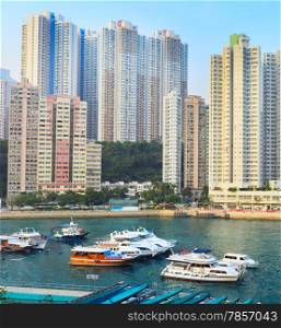 Architecture of Aberdeen Bay in Hong Kong at sunset