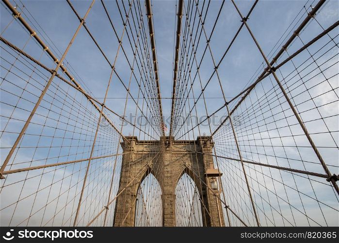Architecture of Brooklyn bridge over east river in Brooklyn New York city NYC USA.