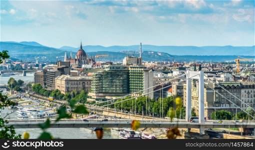 Architecture of Budapest downtown. Famous Parliament and bridges on Danube river. Architecture of Budapest