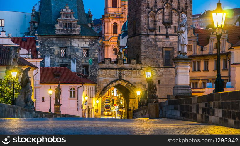 Architecture of Charles Bridge in Prague at early morning. Architecture of Charles Bridge