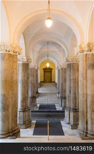 Architecture of corridor hall of Parliament building in Copenhagen Denmark. Landmark architecture and toyrism concept.