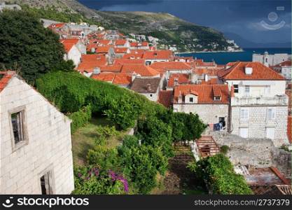Architecture of Dubrovnik Old City in Croatia, South Dalmatia region, stormy sky
