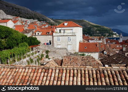 Architecture of Dubrovnik Old City in Croatia, South Dalmatia region, stormy sky