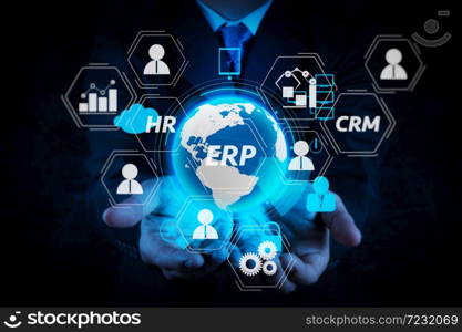 Architecture of ERP (Enterprise Resource Planning) system with connections between business intelligence (BI), production, CRM modules and HR diagram.businessman hand show 3d world with padlock as Internet security.
