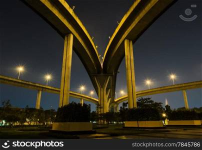 Architecture of illuminated bridge at night