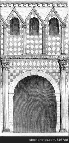 Architecture of the eighth century, Porch of the atrium of the church of Lorsch, vintage engraved illustration. Magasin Pittoresque 1861.