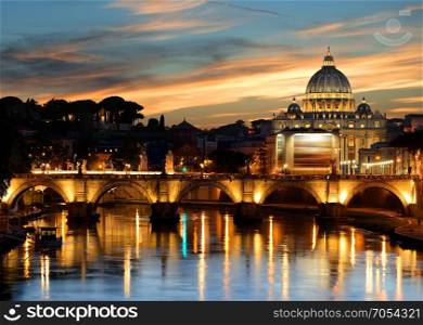 Architecture of Vatican. View on St. Peter Basilica and Bridge of Saint Angelo, Italy