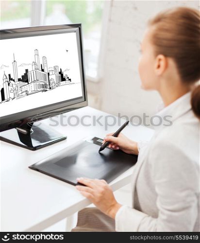 architecture, office, construction and education concept - architect with drawing tablet at office