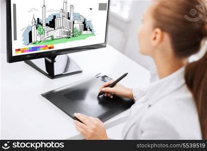 architecture, office, construction and education concept - architect with drawing tablet at office