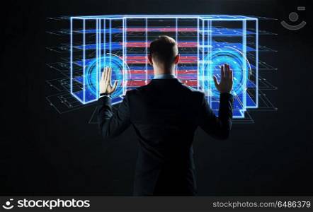 architecture, technology and construction concept - businessman with virtual building blueprint projection on screen. businessman with virtual construction project. businessman with virtual construction project