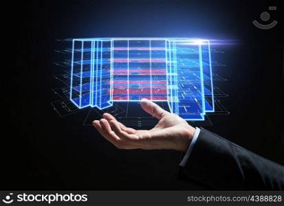 architecture, technology and construction concept - close up of businessman with virtual building blueprint projection. close up of hand with virtual construction project. close up of hand with virtual construction project