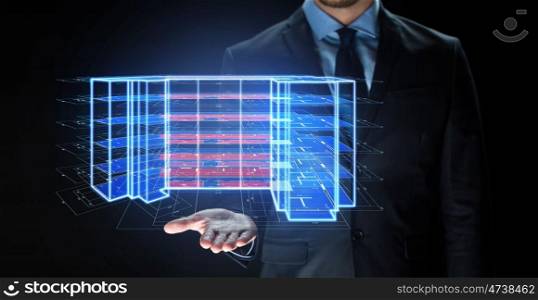 architecture, technology and construction concept - close up of businessman with virtual building blueprint projection. close up of businessman with virtual projection. close up of businessman with virtual projection