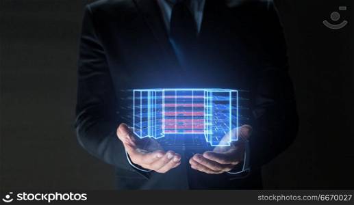 architecture, technology and construction concept - close up of businessman with virtual building blueprint projection. close up of businessman with virtual projection. close up of businessman with virtual projection