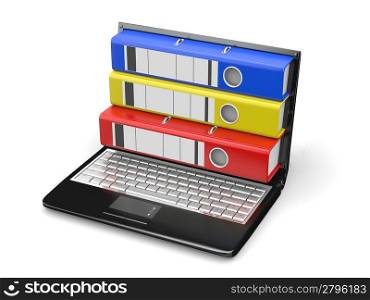 Archive. Laptop with folders instead of the screen. 3d