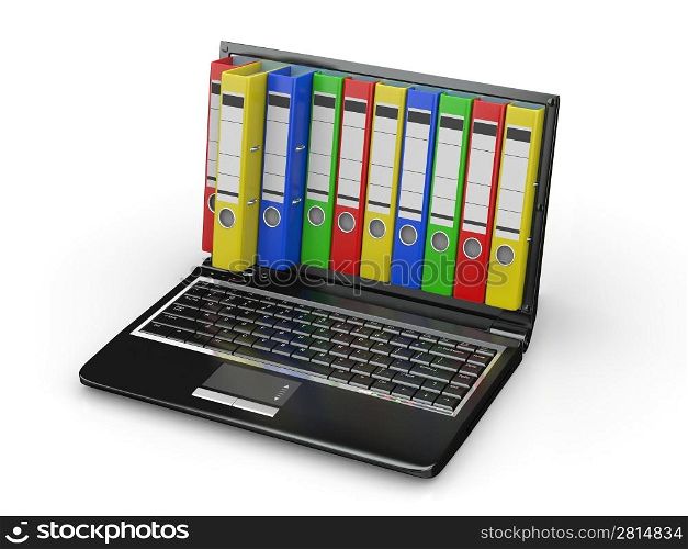 Archive. Laptop with folders instead of the screen. 3d