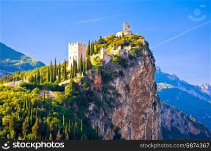Arco castle on high rock view, Sarca Valley, Trentino Alto Adige region of Italy