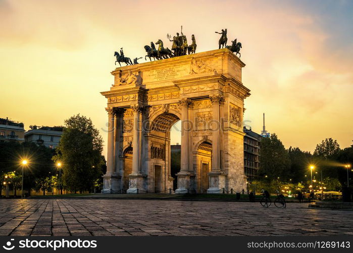 "Arco della Pace or "Arch of Peace" in Milan, Italy, built as part of Foro Bonaparte to celebrate Napoleon&rsquo;s victories. It is city gate of Milan located at center of Simplon Square in Milan, Italy."