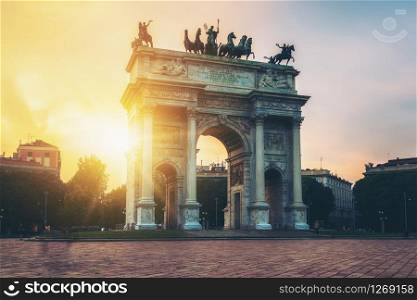 "Arco della Pace or "Arch of Peace" in Milan, Italy, built as part of Foro Bonaparte to celebrate Napoleon&rsquo;s victories. It is city gate of Milan located at center of Simplon Square in Milan, Italy."