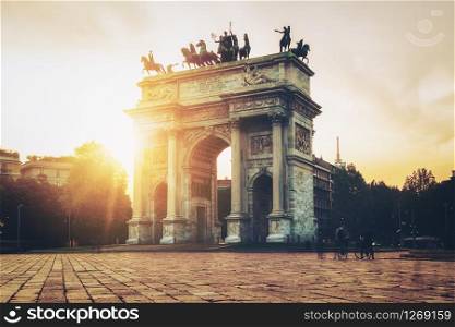 "Arco della Pace or "Arch of Peace" in Milan, Italy, built as part of Foro Bonaparte to celebrate Napoleon&rsquo;s victories. It is city gate of Milan located at center of Simplon Square in Milan, Italy."