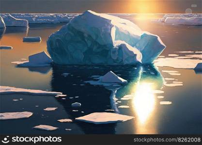 Arctic snow-white glacier floats with reflection in the sea against the background of the sun. AI generated.. Arctic glacier floats in the sea on the background of the sun. AI generated.