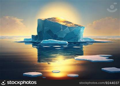 Arctic snow-white glacier floats with reflection in the sea against the background of the sun. AI generated.. Arctic glacier floats in the sea on the background of the sun. AI generated.