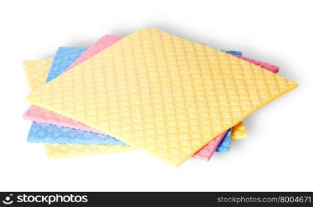 Are scattered colorful sponges for dishwashing isolated on white background