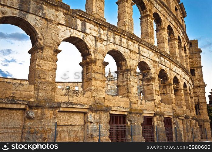 Arena Pula historic Roman amphitheater arches and detail view, Istria region of Croatia
