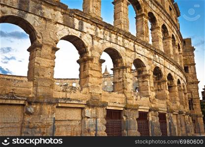 Arena Pula historic Roman amphitheater arches and detail view, Istria region of Croatia
