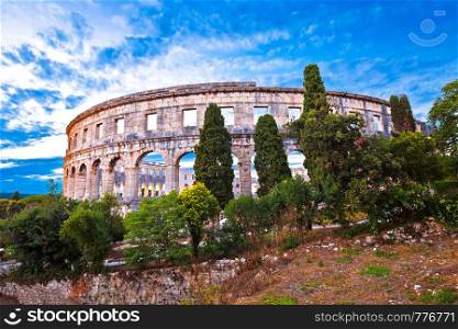 Arena Pula historic Roman amphitheater panoramc green landscape view, Istria region of Croatia