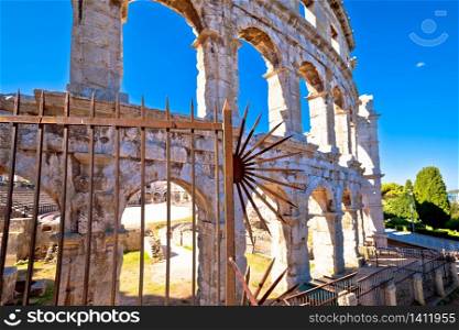 Arena Pula historic Roman amphitheater ruins view, Istria region of Croatia