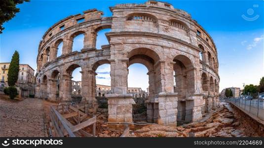 Arena Pula. Roman&hitheater in Pula historic ruins view, Istria region of Croatia