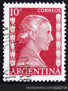 ARGENTINA - CIRCA 1952: a stamp printed in the Argentina shows Maria Eva Duarte de Peron, First Lady of Argentina, circa 1952