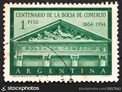 ARGENTINA - CIRCA 1954: a stamp printed in the Argentina shows Pediment, Buenos Aires Stock Exchange, Centenary of the Establishment of the Stock Exchange, circa 1954