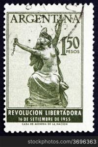 ARGENTINA - CIRCA 1955: a stamp printed in the Argentina shows Argentina Breaking Chains, Allegory, Liberation Revolution, circa 1955