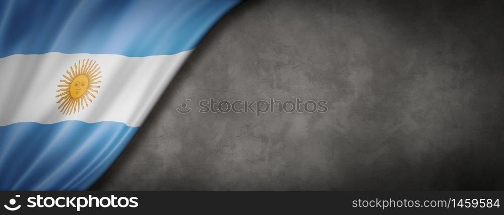 Argentina flag on concrete wall. Horizontal panoramic banner. 3D illustration. Argentinian flag on concrete wall banner