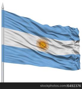 Argentina Flag on Flagpole, Flying in the Wind, Isolated on White Background