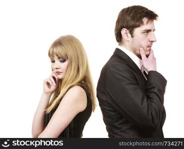 Argument and disagreement concept. Young elegant marriage with troubles problems. Depressed thoughtful worried couple after argue in separation.. Couple in separation after argue.