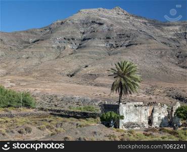 Arid desert landscape on the island of Fuerteventura in the Spanish Canary Islands in the North Atlantic.