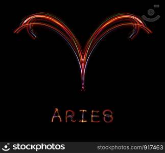 ""Aries",Zodiac sign from led light on black background. "