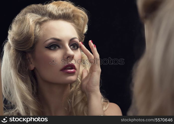 aristocratic female with elegant style in front of the mirror, vain girl looking her beauty, cute make-up, classic hair-style &#xA;