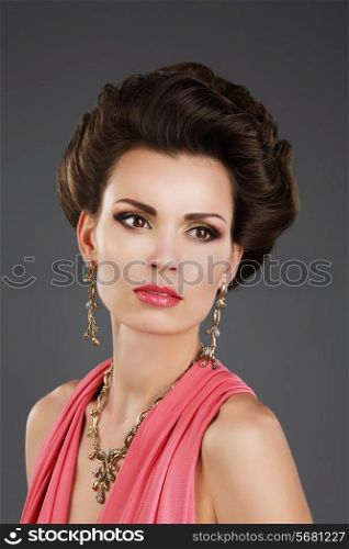 Aristocratic Lady with Glossy Earrings and Necklace