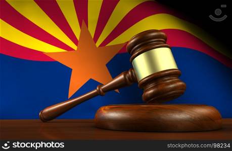 Arizona US state laws, legal system and justice concept with a 3D rendering of a gavel and the Arizonan flag on background.
