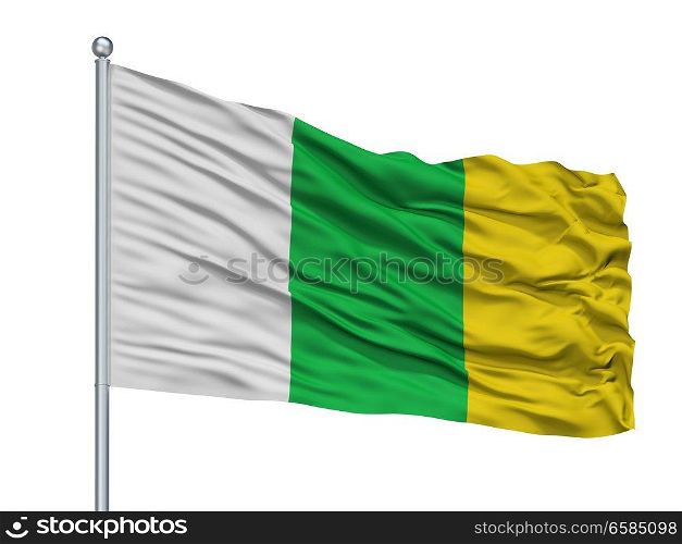 Arjona City Flag On Flagpole, Country Colombia, Bolivar Department, Isolated On White Background. Arjona City Flag On Flagpole, Colombia, Bolivar Department, Isolated On White Background
