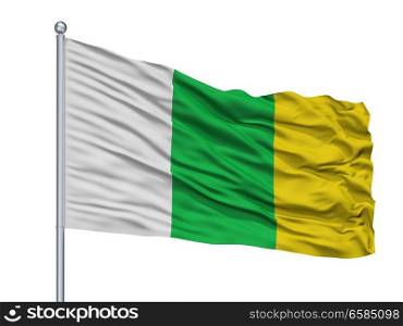 Arjona City Flag On Flagpole, Country Colombia, Bolivar Department, Isolated On White Background. Arjona City Flag On Flagpole, Colombia, Bolivar Department, Isolated On White Background