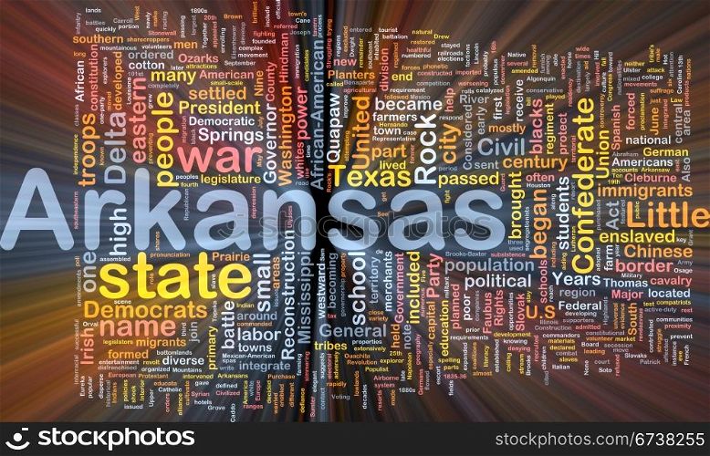 Arkansas state background concept glowing. Background concept wordcloud illustration of Arkansas American state glowing light