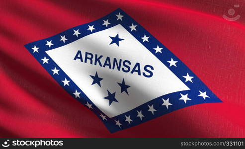Arkansas state flag in The United States of America, USA, blowing in the wind isolated. Official patriotic abstract design. 3D rendering illustration of waving sign symbol.