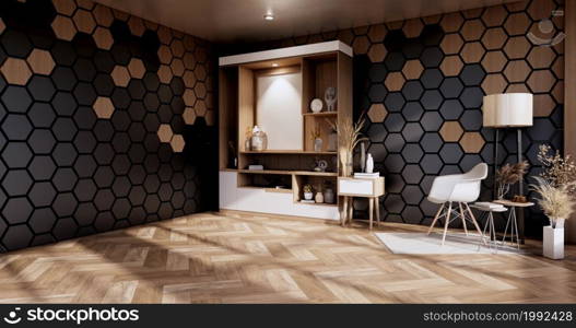 Armchair and cabinet ,decoration plants with hexagon tiles wooden and black on wall Modern room minimalist.3D rendering