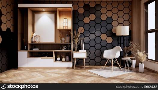 Armchair and cabinet ,decoration plants with hexagon tiles wooden and black on wall Modern room minimalist.3D rendering