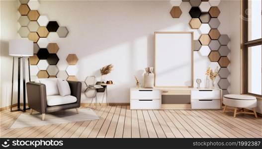Armchair and cabinet ,decoration plants with hexagon tiles wooden, white ,black on wall Modern room minimalist.3D rendering
