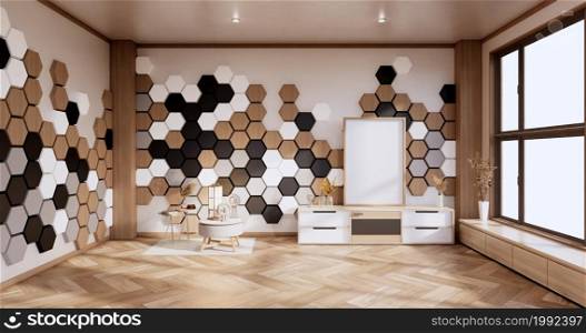 Armchair and cabinet ,decoration plants with hexagon tiles wooden, white ,black on wall Modern room minimalist.3D rendering